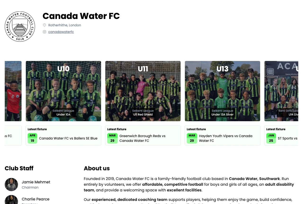 The Canada Water FC website, built with PlayFC